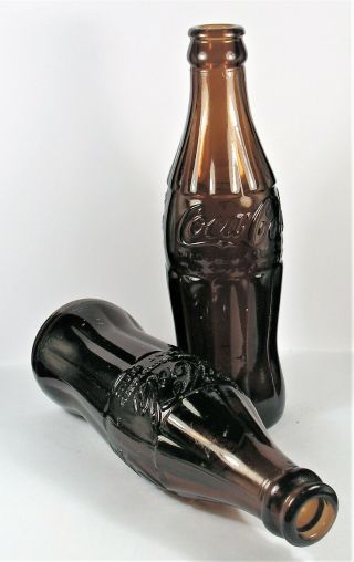 Vintage Dark Amber Glass Coca Cola Bottles.  2 - 6 1/2 oz. 5