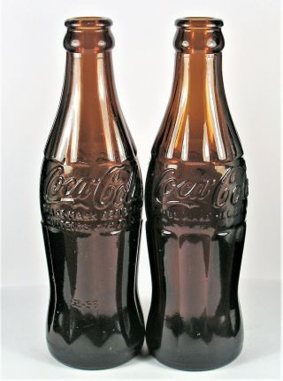 Vintage Dark Amber Glass Coca Cola Bottles.  2 - 6 1/2 oz. 6