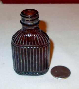Antique Vintage Tiny Dark Amber Brown Miniature Bottle 3 Inch Ribbed ^