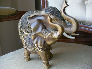 Trunk Up Mother & Baby Elephant Figurine Ornament - Bronze Colour Mosaic - Resin