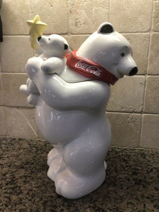 Coca Cola Ceramic Polar Bear And Cub Winter Cookie Jar