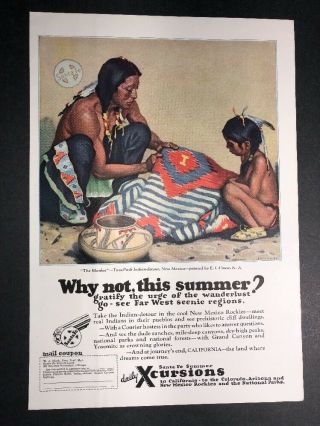 Santa Fe Railroad Indian Chief Incredible Ad C 1920’s Taos Puye Blanket & Child
