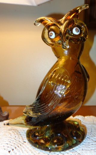 Big Vintage Blown Art Glass Great Horned Owl Murano Style Weighs 2 Lbs