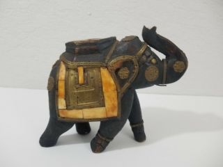 Wood Elephant Hand Carved Wood & Brass With Tile Inlay Figurine Statue 6 " T 7 " W