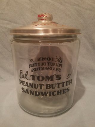 Vintage Eat Tom ' s Peanut Butter Sandwiches - Large Glass Jar w/ Metal Lid 3