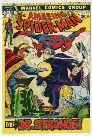 Spider - Man 109 Nm - 9.  2 White Pages Dr.  Strange Marvel 1972 No Resv