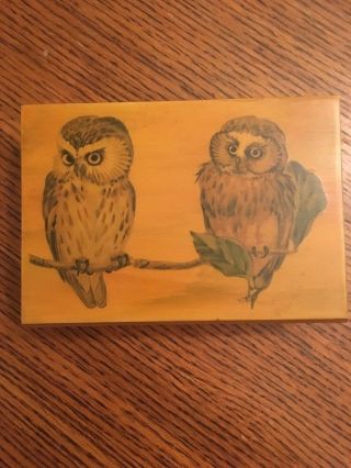 Vintage 1980 Owl Wood Box W/ 3 Decks Of Playing Cards