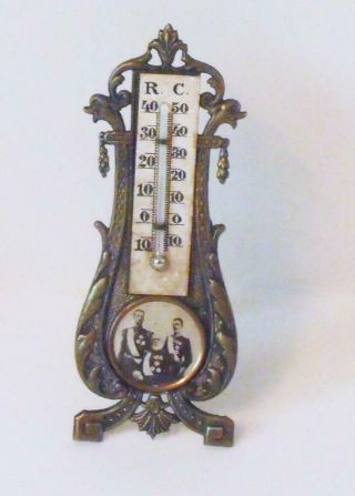Antique Vintage Miniature Brass Thermometer With Military Photo