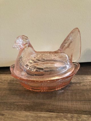 Vintage Glass Chicken Hen On Nest Covered Candy Dish Peach Pink Color