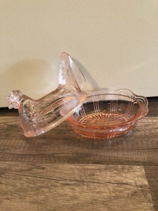 Vintage Glass Chicken Hen on Nest Covered Candy Dish Peach Pink Color 2