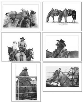 Western Notecards Set Of 6 Different Horse/rider Images Robyn Cook Pencil Art