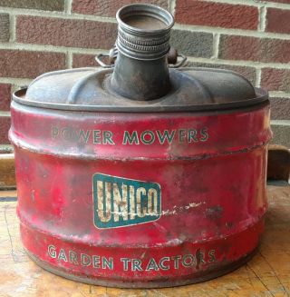 Vintage Unico Round Metal 2.  5 Gallon Power Mower Garden Tractor Gas Can