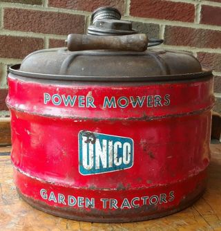 Vintage Unico Round Metal 2.  5 Gallon Power Mower Garden Tractor Gas Can 3