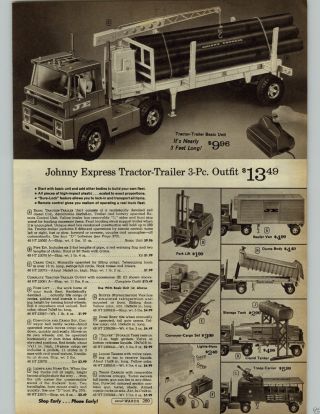 1966 Paper Ad Toy Tractor Trailer Johnny Express Long John Fire Engine Big Alarm