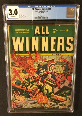All Winners Comics 10 Cgc 3.  0 Timely 1943 Marvel Captain America Ww Ii Cover