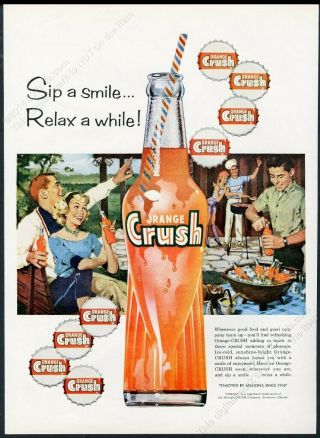 1959 Orange Crush Soda Big Bottle Cookout Art Vintage Print Ad