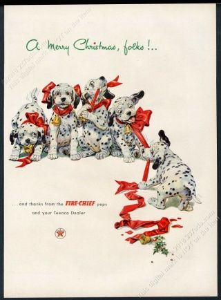 1952 Dalmatian Puppy Dogs Christmas Ribbon Bell Art Texaco Gas Vintage Print Ad