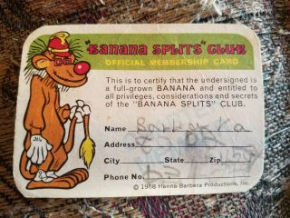 Rare 1968 The Banana Splits Official Club Membership Card Hanna Barbera Kelloggs