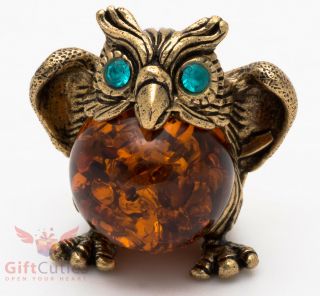 Solid Brass Amber Figurine Of Bird Owl With Amber Belly Totem Talisman Ironwork