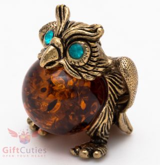 Solid Brass Amber Figurine of bird Owl with Amber Belly Totem talisman IronWork 2