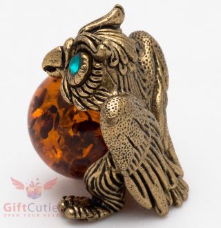 Solid Brass Amber Figurine of bird Owl with Amber Belly Totem talisman IronWork 3