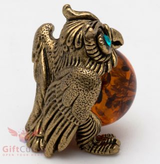Solid Brass Amber Figurine of bird Owl with Amber Belly Totem talisman IronWork 5