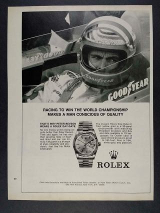 1973 Peter Revson Photo Rolex Day - Date Watch Vintage Print Ad