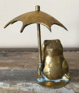 Vintage Solid Brass Frog With Umbrella Figurine Statue