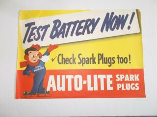 Rare Vtg Jonnie Plug - Chek Auto Lite Spark Plugs Litho Paper Sign Ad Test Battery
