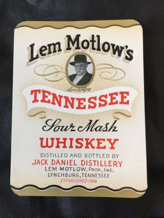 Jack Daniels Lem Motlow Tennessee Sour Mash Whiskey Label,  Vintage