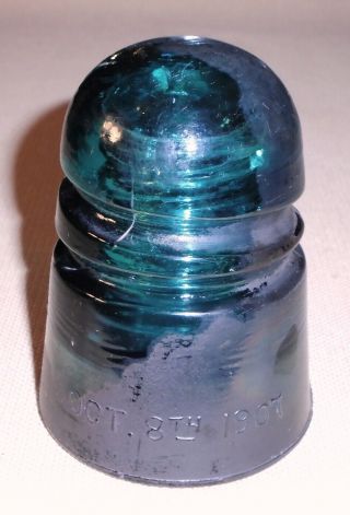 Antique Rare Aqua Blue Green Glass Insulator Patented Oct.  8th 1907 Signed 140f