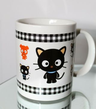 Vtg 2000 Sanrio Chococat Ceramic Mug Black Buffalo Plaid Cat Hello Kitty Cup