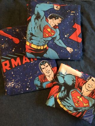 3 Pc.  Vintage Superman Bed Twin Sheet Set Flat,  Fitted,  Pillowcase Dc Comic ‘78