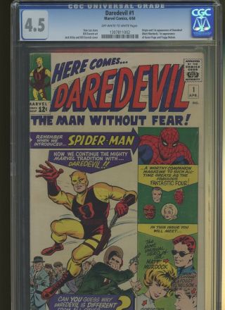 Daredevil 1 Cgc 4.  5 |marvel 1964| Origin & 1st Daredevil.  1st Foggy & Karen Page