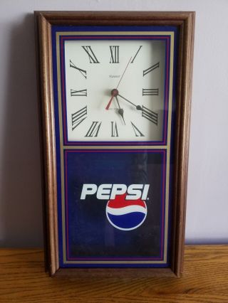 Vintage 10.  5 " X 18.  5 " Glass Wood Pepsi Wood Wall Clock Hanover Quartz Pendulum