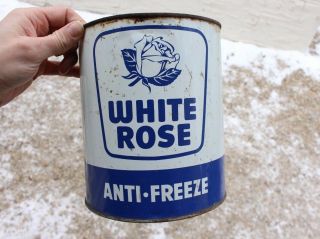 Vintage White Rose 1 Gallon Anti - Freeze Can Oil Tin Metal Gas Sign Advertising