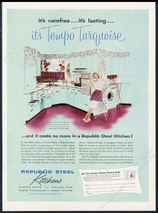 1950 Republic Steel Tempo Turquoise Kitchen Photo Vintage Print Ad