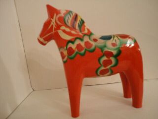 Vintage Nils Olsson Dala Horse 4.  75 " Wooden Red Hand Painted Carved Label