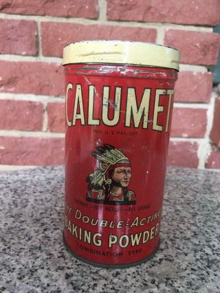 1940s Calumet Double Acting Baking Powder 1 Lb Tin Can Native American Twist Lid