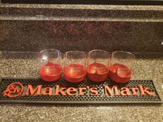 Set Of 4 Makers Mark Red Wax Dipped Bourbon Whiskey Cocktail Glasses W/ Bar Mat