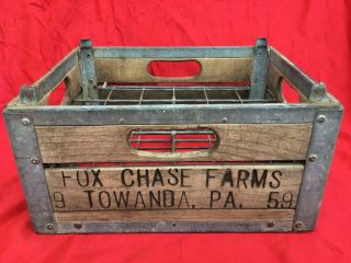 Rare Fox Chase Farms Dairy Milk Bottle Crate Wood Metal Towanda,  Pa