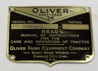 Oliver Hart Parr 70 Brass Serial No.  Id Plate Antique Tractor Engine Name Plate