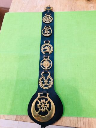 6 Brass Medallions On Leather Wall Hanging Strap Horse Horseshoe Deer,