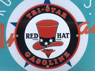 Tri - Star Red Hat Gasoline Top Quality Porcelain Coated 18 Gauge Steel Sign