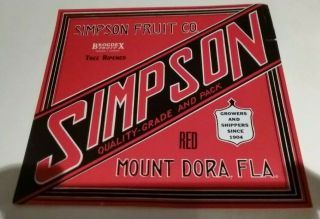 Simpson Fruit Co Brogdex Fruit Red Mount Dora Florida Crate Label