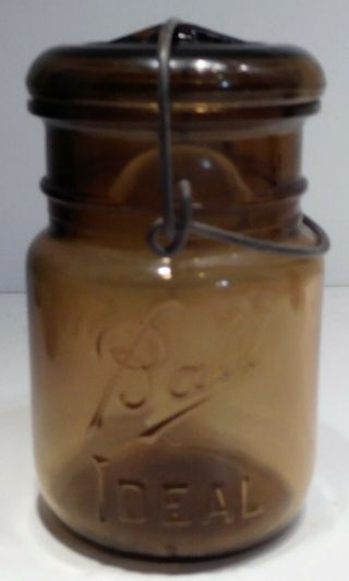Vintage Amber Pint Fruit Jar - Ball Ideal W/ Glass Lid
