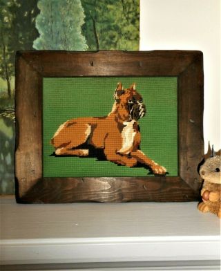 Vintage Boxer Dog Finished Framed Completed Den Decor Wall Art Wool Needlepoint
