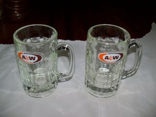 2 A&w Root Beer Clear Glass Mugs Orange/brown Logo Thick And Heavy 5 3/4 " Tall