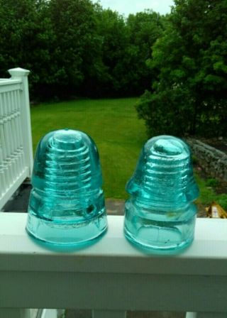 Two Vintage Aqua Glass Insulators W.  Brookfield 45 Cliff St York