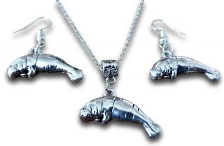 Silver Tone Florida Manatee Pendant Charm Necklace & Earrings Set By Pashal